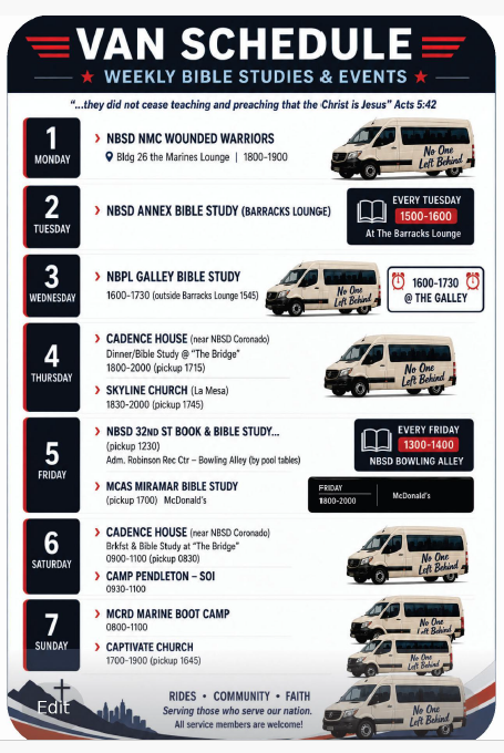 San Diego Military Ministry weekly van schedule showing Bible studies and events Monday through Sunday.